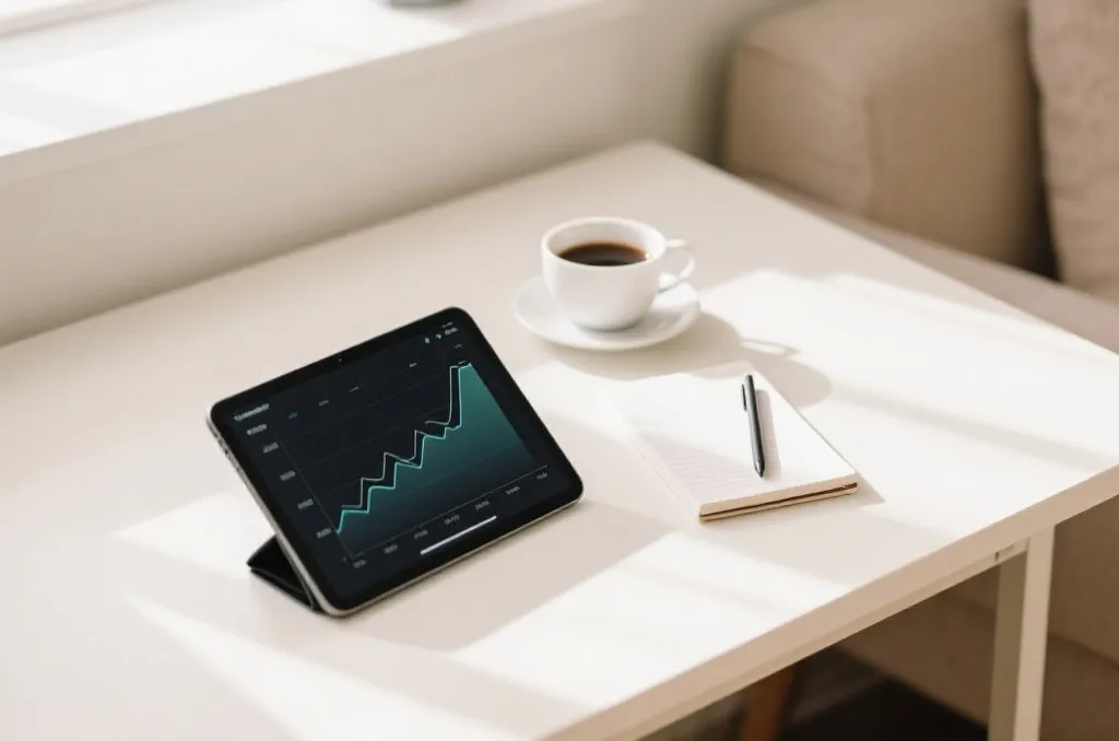 A clean workspace with a tablet showing abstract green and red sports probability charts next to a notebook